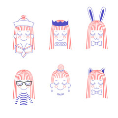 Vector doodles of cute girl faces with long hair, cat and rabbit ears, bow ties, crown, pleated collar, necklace, earrings, sailor hat and collar, striped shirt.