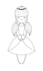 Hand drawn vector illustration of a smiling little princess with her hair in pig tails, in a crown and dress, with text Little princess.