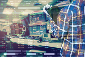 Double exposure of business woman with glasses in hipster shirts holding tablet for check stock market graph with stock and computer graph background, Business Trading concept