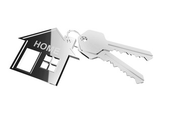 Schlüsselbund silber mit Schlüsseln und Haus isoliert auf weiß -  Hintergrund