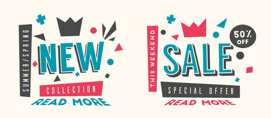 Sale banners. Bright and retro style. Cartoon vector illustration.