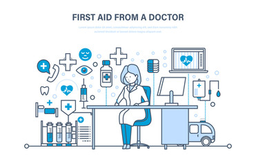 First aid from doctor, modern medicine, medical care, healthcare, insurance.