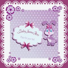 Baby shower card with lilac Bunny. Template invitations , greetings with cute toys, place for your text. The gift box design, with letters and children's illustrations.