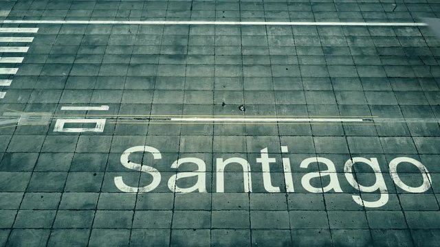 Aerial view of commercial plane landing at Santiago airport. Travel to Chile conceptual 4K intro animation