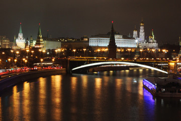 View to Moscow Kremlin at night from Patriarshy bridge, Russia 