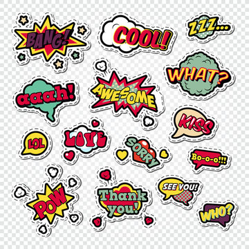Pop Art Comic Speech Bubbles Set with Funny Text. Chat, Communication Stickers, Badges and Patches. Vector illustration
