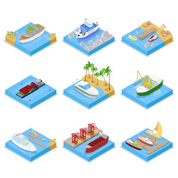 Isometric Ships and Boats Set with Cruise and Industrial Ship. Sailing and Shipping. Vector flat 3d illustration