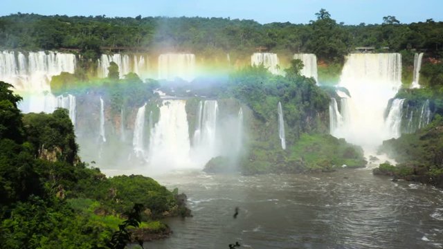 Panoramic view of the massive Iguazu Waterfalls system in Brazil
