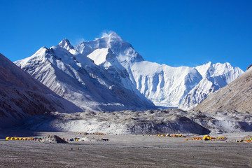Mount Everest and the Base camp from Tibetan side, Chomolungma, Sagarmatha,  China, Himalaya, Asia. - obrazy, fototapety, plakaty