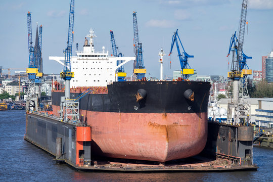 bulk carrier in floating dock for maintenance