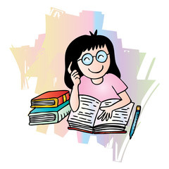 Illustration of a Girl Reading a Book. Cartoon style.