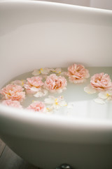 White bath with milk and rose petals. Relaxation and harmony
