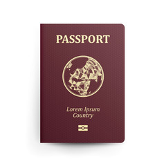 Naklejka premium Passport With Map. Realistic Vector Illustration. Red Passport With Globe. International Identification Document. Front Cover. Isolated