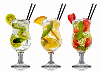 alcohol cocktail set on a white with fresh summer fruits