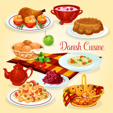 Danish cuisine healthy lunch dishes cartoon icon