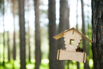 Bird feeder in the form of a house with a blurry background