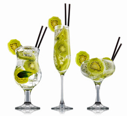 fresh fruit alcohol cocktail or mocktail in classic glass with ice cubes, kiwi and mint isolated on white background