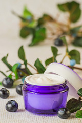  Natural cosmetic products . A jar with cream for face and body skin care and fresh blueberries on a light background.