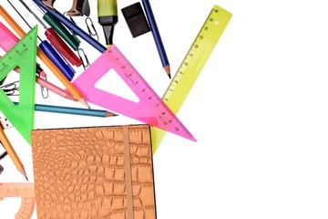 Fototapeta premium Office supplies pen pencil ruler, isolated on white background