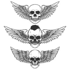 Set of winged skulls isolated on white background. Design elements for poster, t-shirt,  emblem, sign. Vector illustration