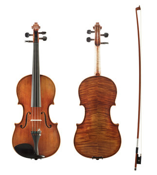 Cello front, back view and bow set isolated on white background