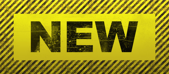 NEW, rectangular shield, with an old weathered look, in black and yellow colors, web banner with the text NEW.