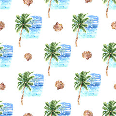 Palm tree, seashells seamless pattern. Hand drawn summer background © Mariia