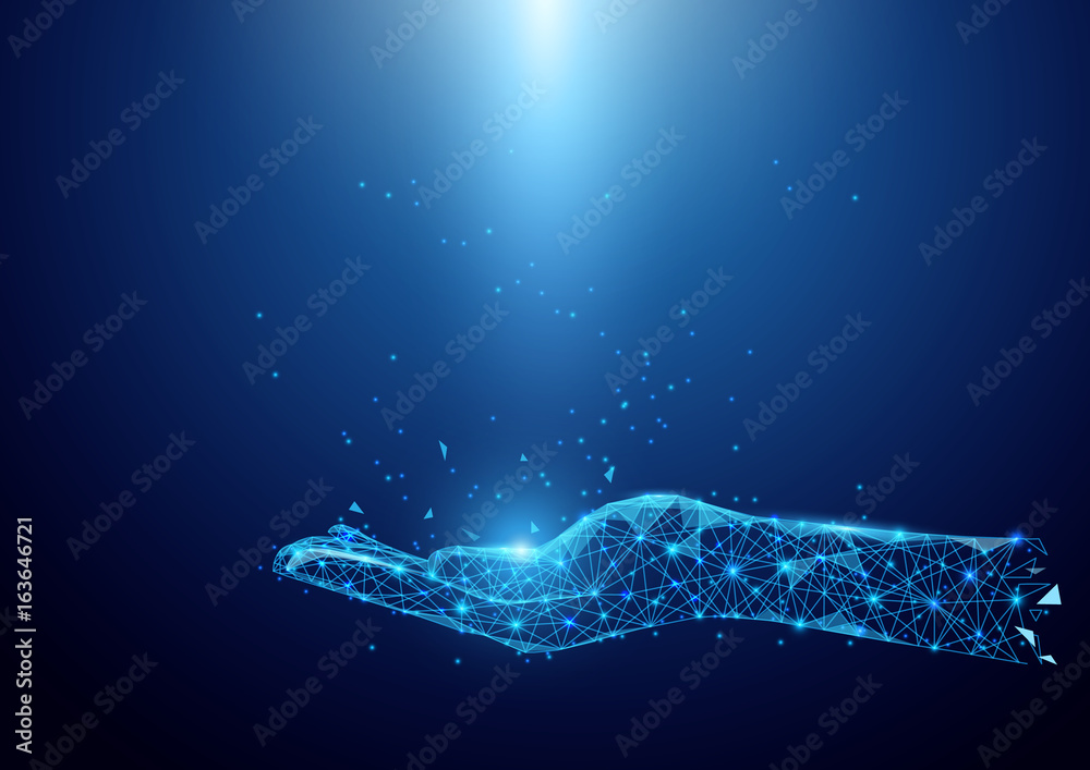 Poster wireframe hand sign mesh from a starry on blue background