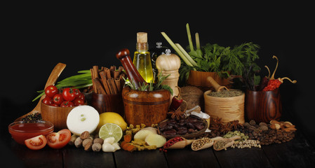 spices on black background