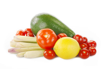 tomatoes, avocado, lemon and lemongrass isolated