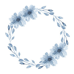 Watercolor indigo floral wreath with twig, flowers, branch and abstract leaves