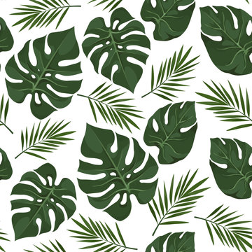 Vector seamless pattern with tropical leaves. Jungle style background. Trendy tropical concept. © svetazi