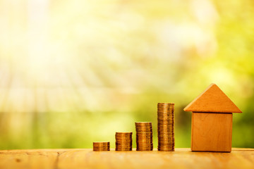 A wooden home and a stack gold coins which has growing up in the public park, saving money for real estate for buying a new house in the future concept.