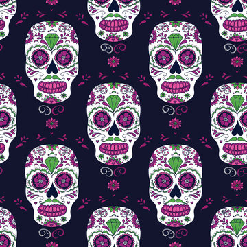 Hand drawn Mexican Day of The Dead seamless pattern. Vector colorful sugar skull with floral ornament.