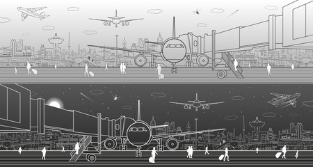 Airport panorama. The plane is on the runway. Aviation transportation infrastructure. Airplane fly, people get on the plane. Modern city on background, black and light version, vector design art