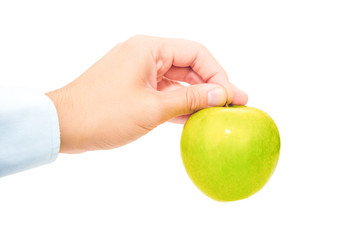 Green apple holding by hand isolated on white background