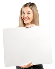 woman showing blank signboard, isolated on white