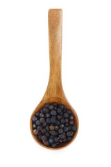 juniper berries in wooden spoon isolated