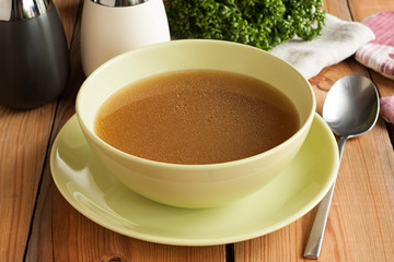 Bone broth made from beef, served in a soup bowl