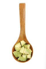 slices of avocado in wooden spoon isolated