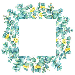 Green floral square frame with a branches of silver-dollar eucalyptus cordata  and Eucalyptus websteriana  (Heart-leafed), isolated on white background. Watercolor hand drawn painting illustration.