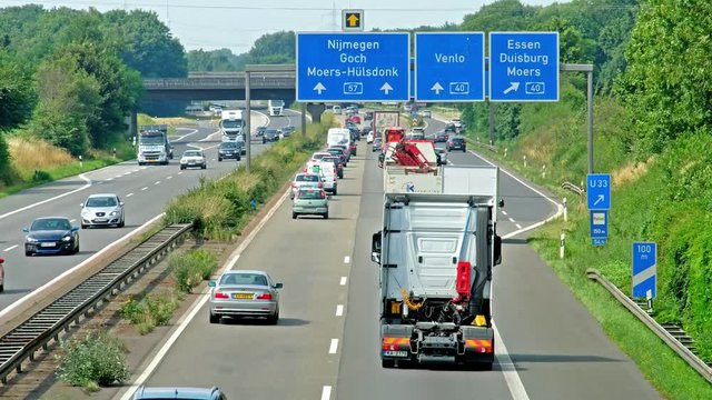Moers / Germany - July 07 2017 : Accident causing traffic jam on the motorway A57