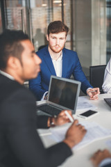 Group Young Coworkers Making Great Business Decisions.Creative Team Discussion Corporate Work Concept Modern Office.Startup Marketing Idea Presentation.Woman Touching Digital Laptop.Top View.Vertical