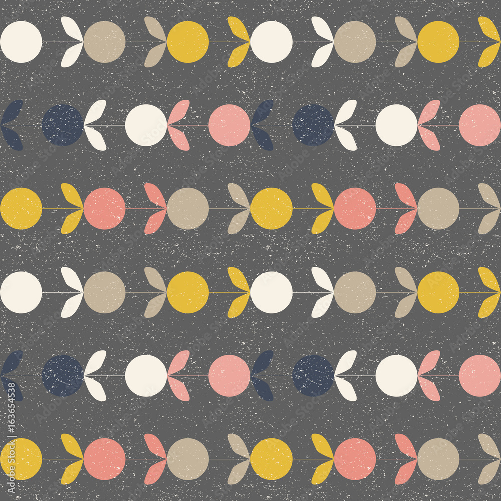 Poster Modern vector abstract seamless geometric pattern with stylized flowers and leaves in retro scandinavian style.