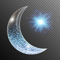 Lens flare background with glowing lights, a crescent moon and star. Ramadan kareem arabic art. 
