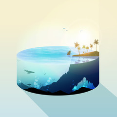 Tropical Island with Palm Trees Water Slice and Underwater View - Vector Illustration.