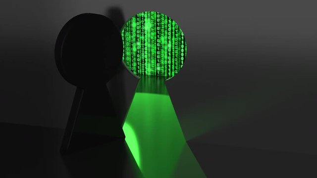 Black keyhole in a dark wall slowly opens revealing a shining green light to a room with binary streams computer matrix and the camera zooming in on code backdoor cybersecurity concept 3D animation