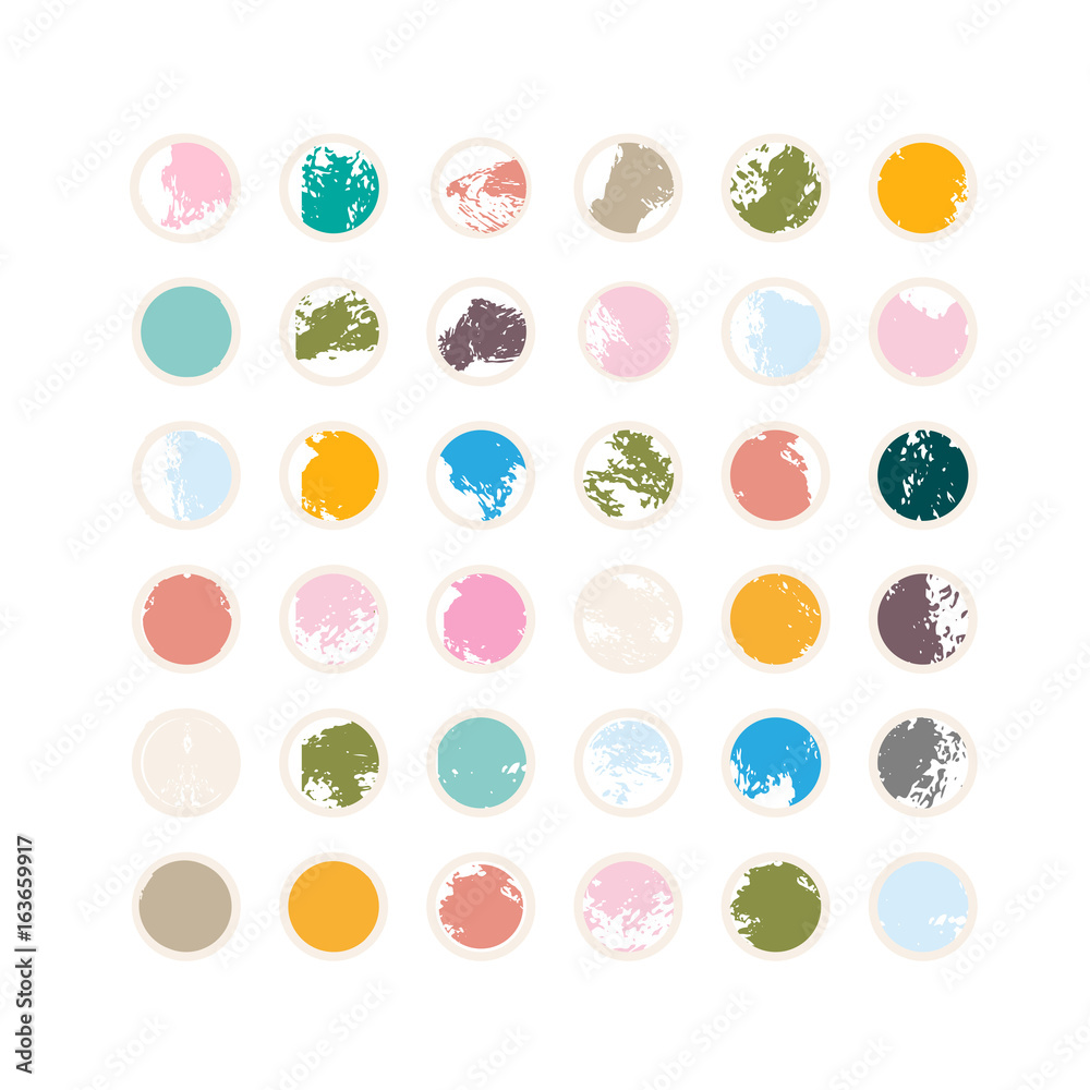 Poster modern vector geometric background with colorful circles with hand drawn ink brush strokes texture.
