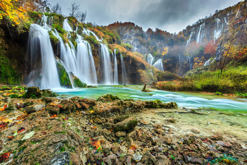 Spectacular waterfalls in forest Plitvice lakes, Croatia, Europe