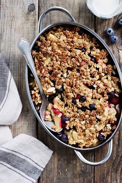 Gluten-free Apple And Berry Crisp. Fruits Crumble With Oats And Almond Crunch. 